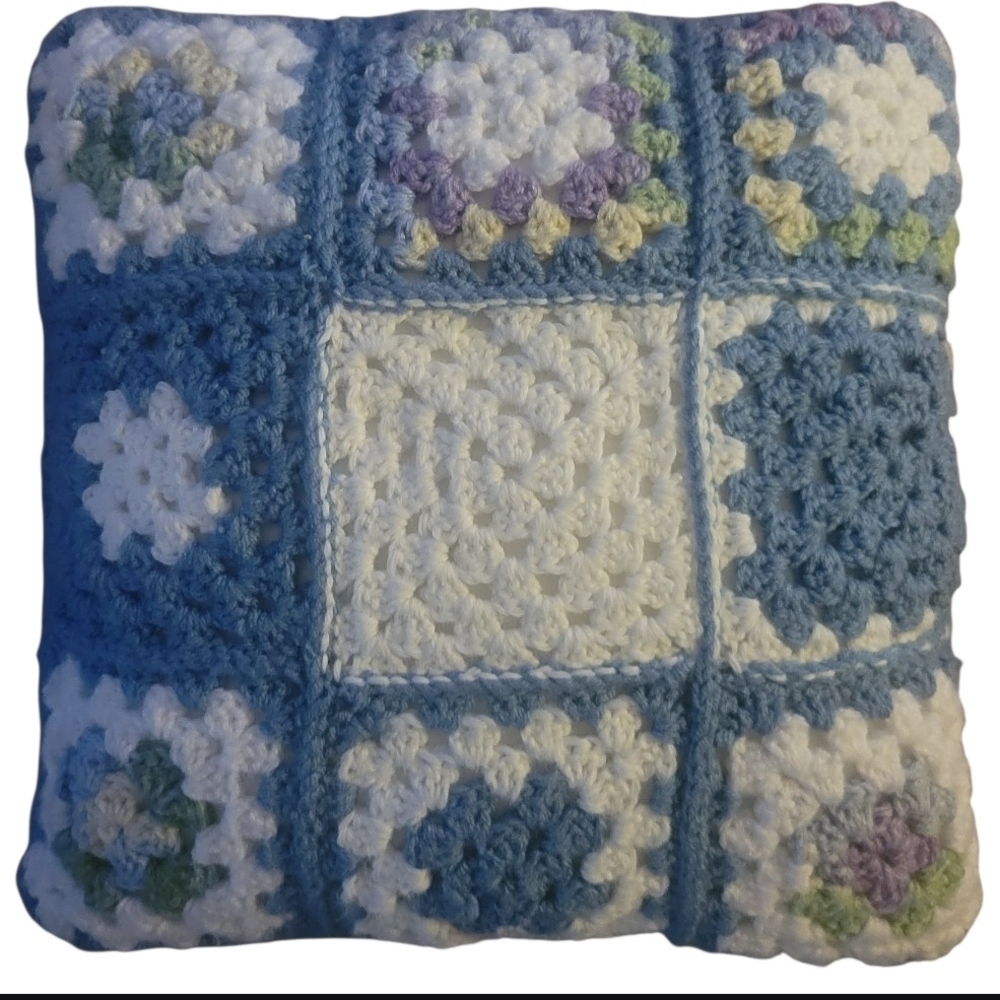 Crocheted Granny Square Pillow Vibrant Colors Decorative Cozy 13.5" Sq. - Picture 2 of 7